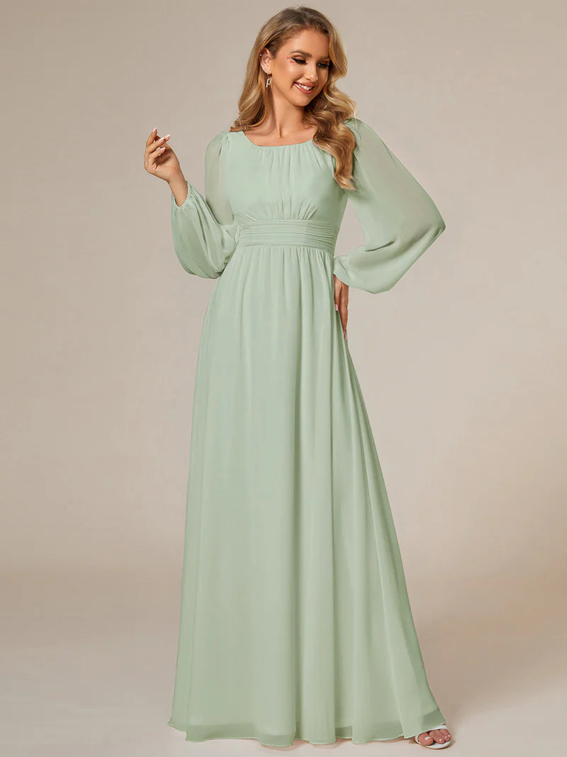 Mint Green bridesmaid dress with round neckline and long lantern sleeves