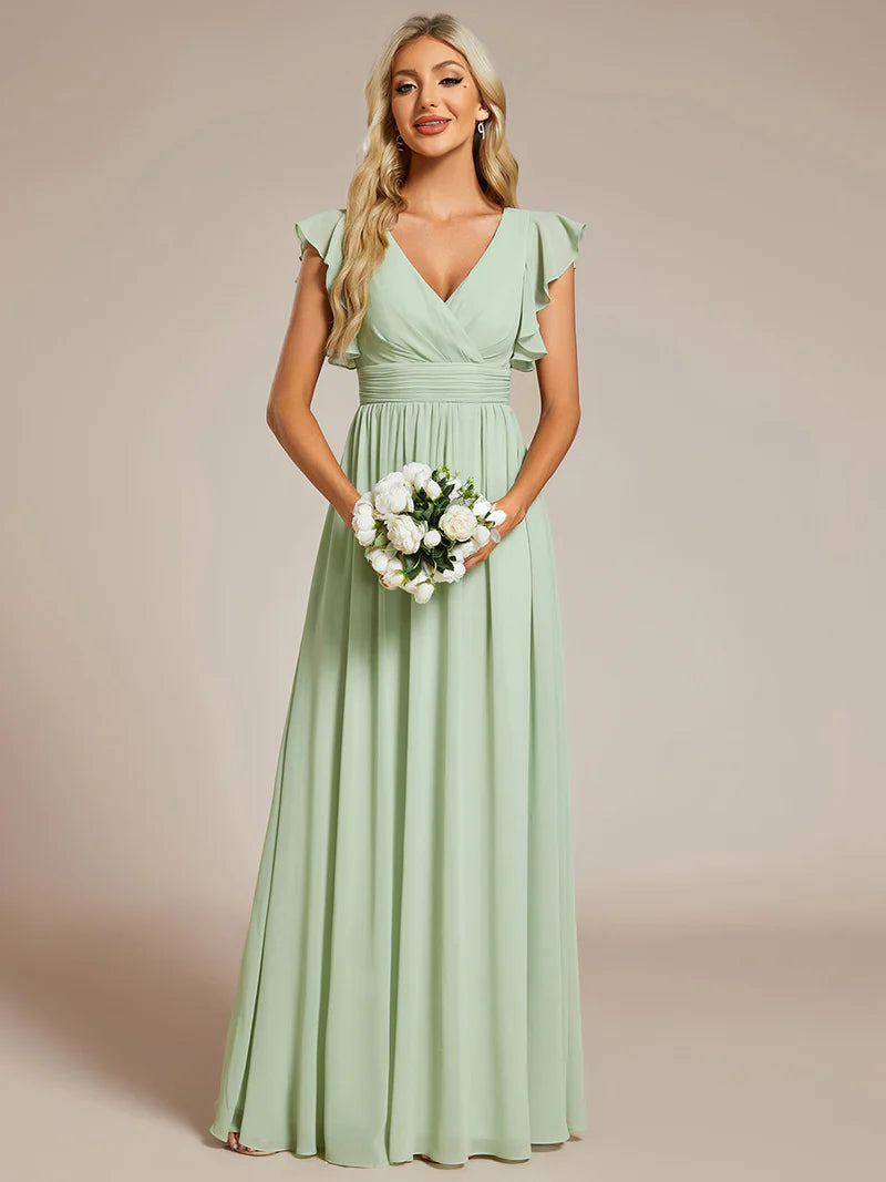 Mint Green Elegant V-neck bridesmaid dress with pleats, ruffle details, and a waist belt