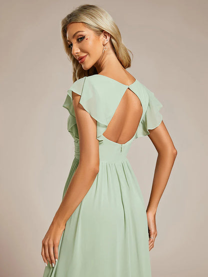 Mint Green Elegant V-neck bridesmaid dress with pleats, ruffle details, and a waist belt