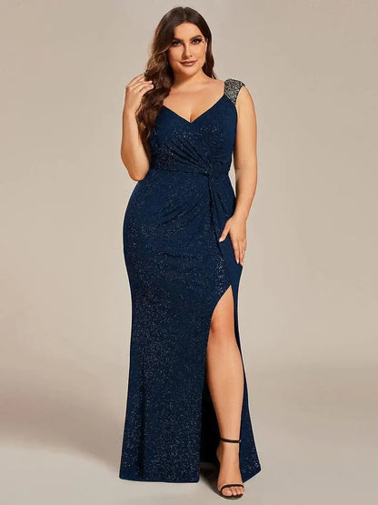 Navy blue elegant sequin evening dress with V-neckline and high slit for a glamorous look