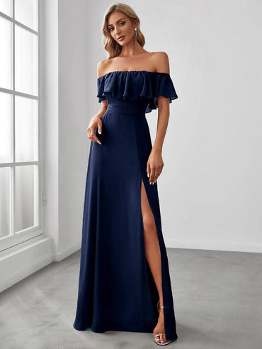 Navy Blue Off-the-shoulder bridesmaid dress with ruffles and a thigh-high slit