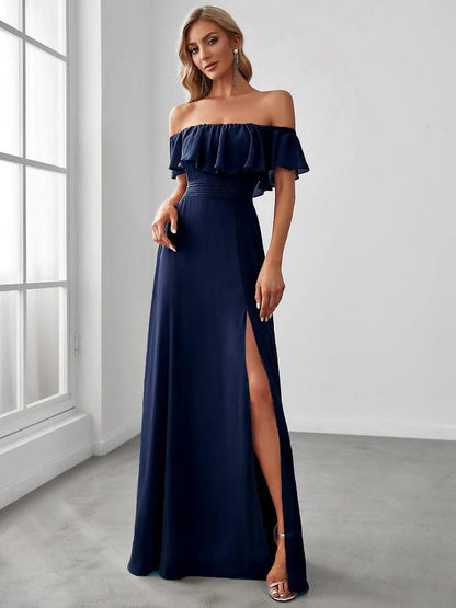 Navy Blue Off-the-shoulder bridesmaid dress with ruffles and a thigh-high slit