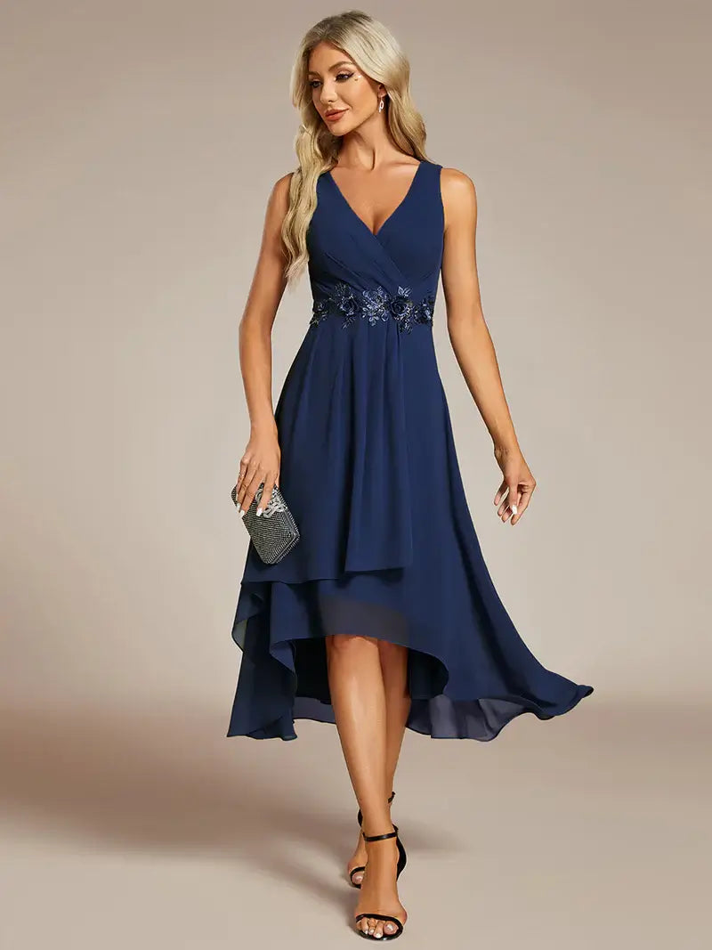 Navy blue  tea-length chiffon wedding guest dress with V-neckline and delicate appliqués