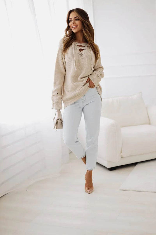 Noemi beige tied-neck sweater, elegant and cozy knitwear essential for everyday style