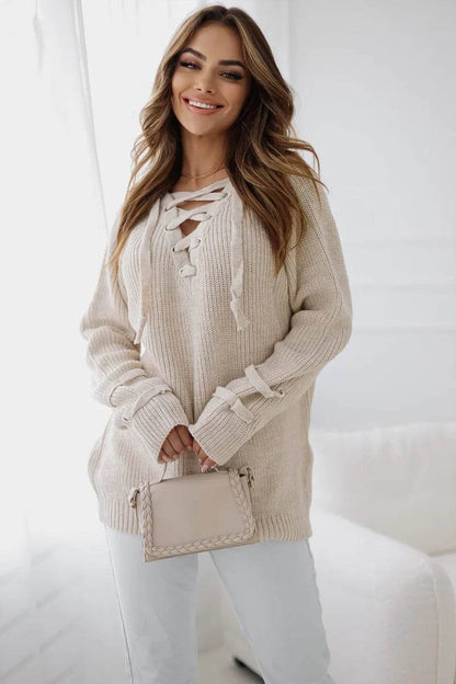 Noemi beige tied-neck sweater, elegant and cozy knitwear essential for everyday style