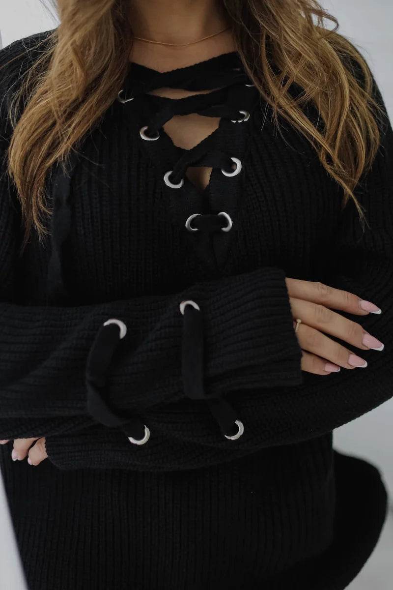 Noemi black tied-neck sweater, elegant and timeless knitwear for everyday style