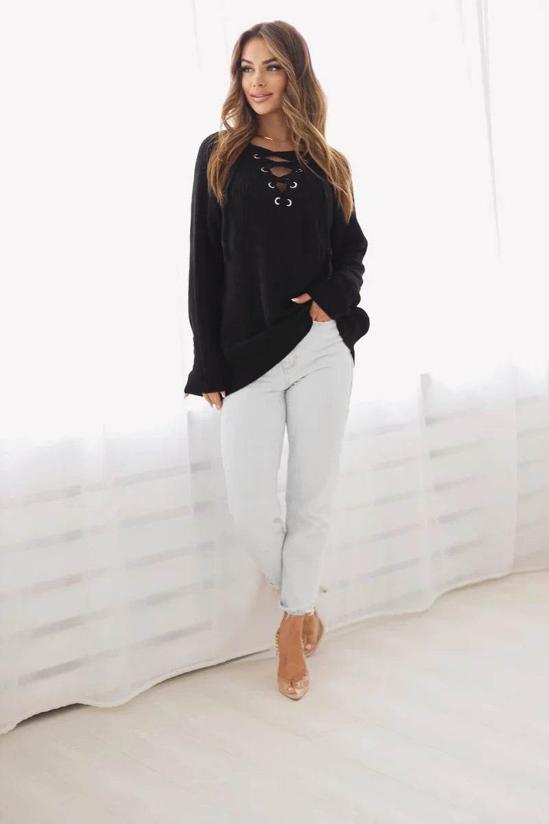 Noemi black tied-neck sweater, elegant and timeless knitwear for everyday style