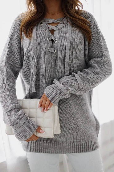 Noemi grey tied-neck sweater, elegant and cozy knitwear