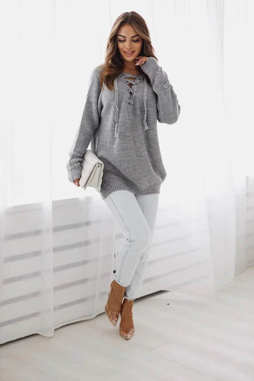 Noemi grey tied-neck sweater, elegant and cozy knitwear for versatile everyday wear