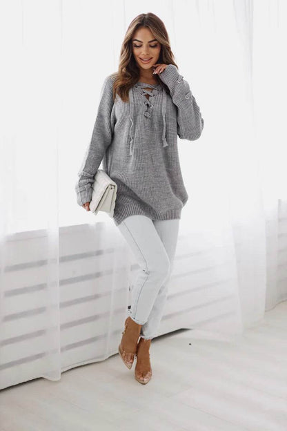 Noemi grey tied-neck sweater, elegant and cozy knitwear for versatile everyday wear