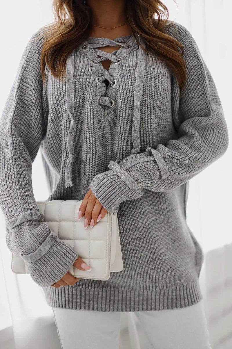 Noemi grey tied-neck sweater, elegant and cozy knitwear for versatile everyday wear