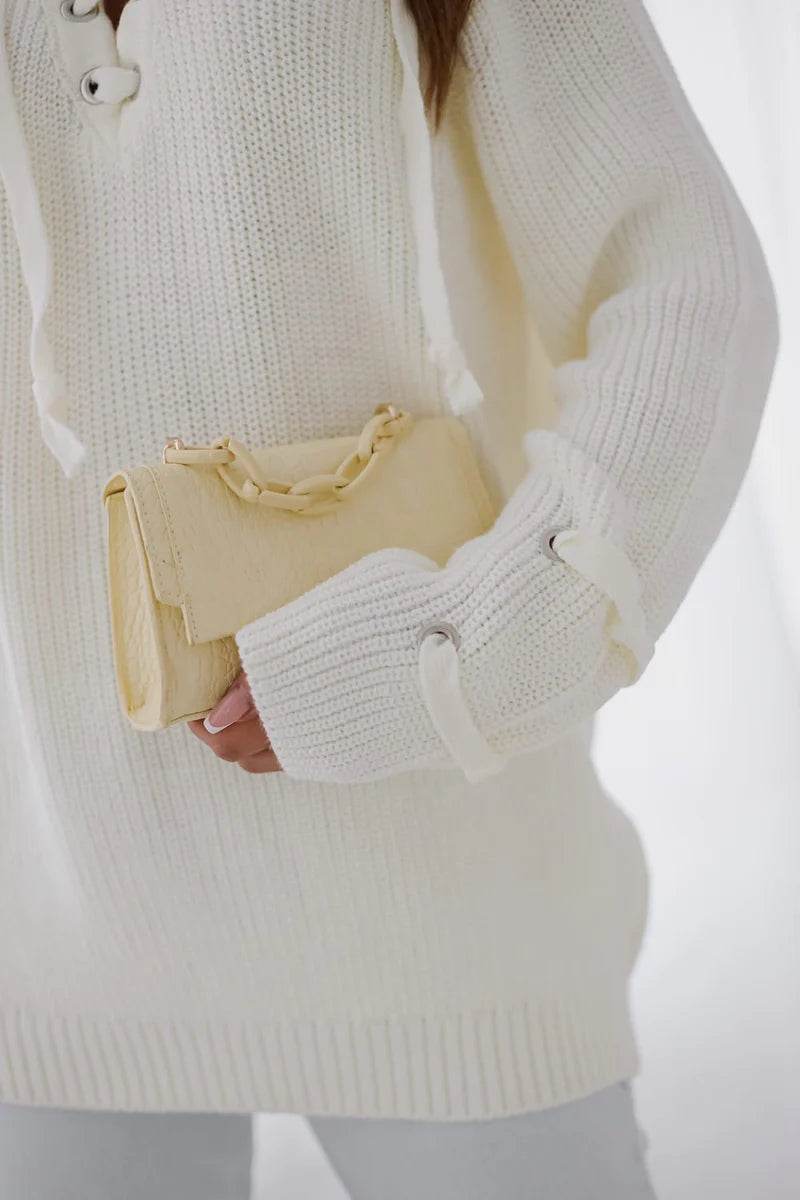 Noemi white tied-neck sweater, elegant and cozy knitwear essential for everyday style