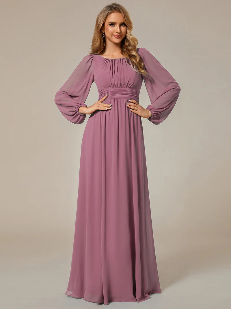 Orchid bridesmaid dress with round neckline and long lantern sleeves