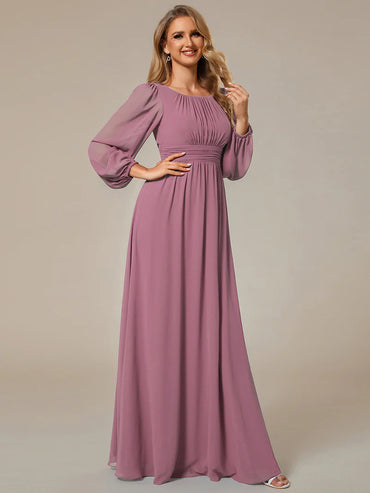 Orchid bridesmaid dress with round neckline and long lantern sleeves
