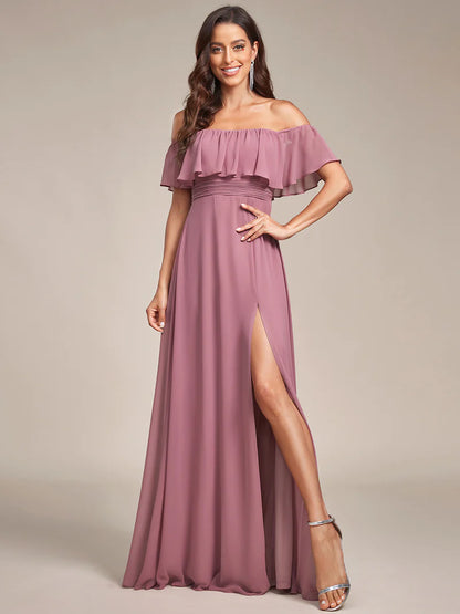 Orchidea bridesmaid dress with ruffle detailing and thigh-high split