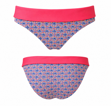 Two-piece swimsuit with pink waistband and geometric pattern on a white background