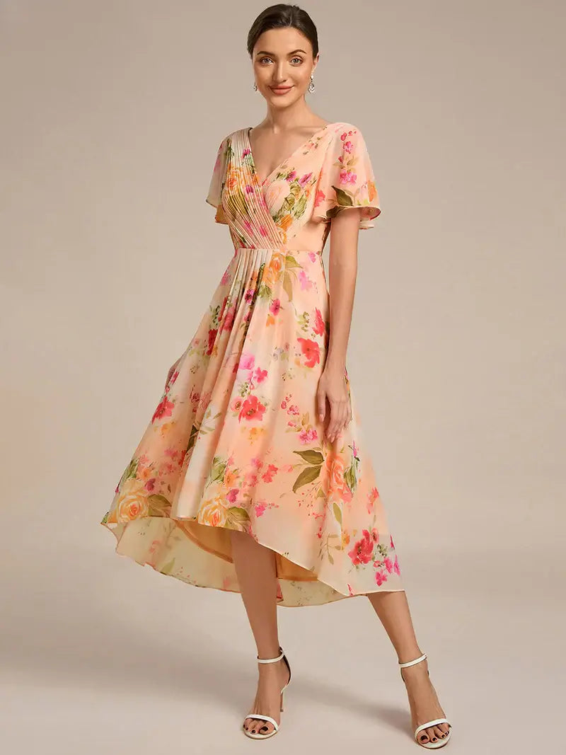 Peach fuzz elegant chiffon wedding guest dress with pleated bodice and ruffle detailing