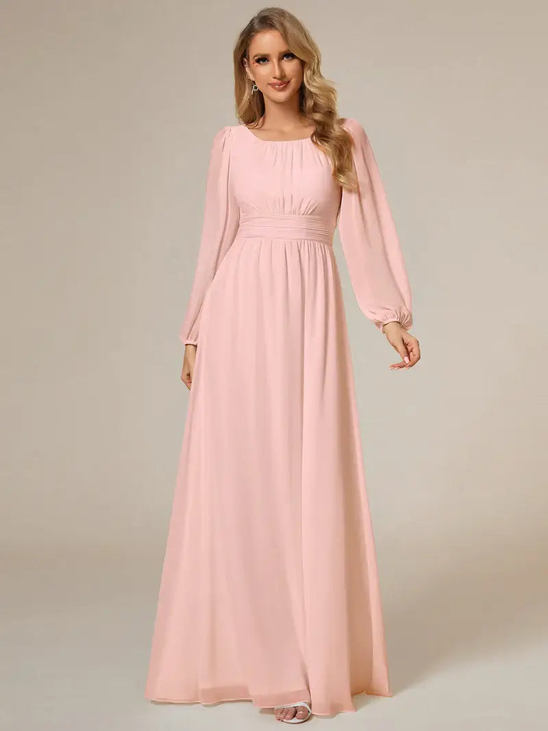 Elegant round neck pinjk bridesmaid dress with long lantern sleeves and full-length skirt