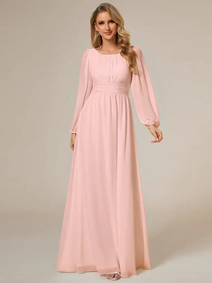 Elegant round neck pinjk bridesmaid dress with long lantern sleeves and full-length skirt
