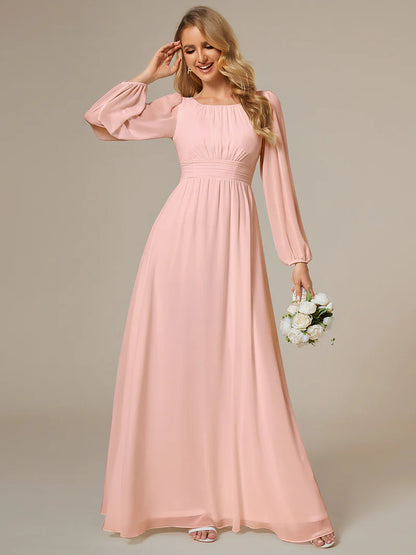 Elegant round neck pinjk bridesmaid dress with long lantern sleeves and full-length skirt