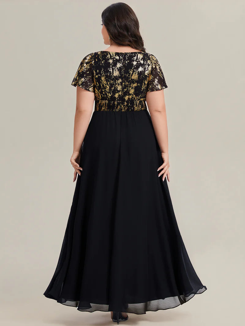 Plus Size Black & Gold V-Neck Sequin Evening Dress