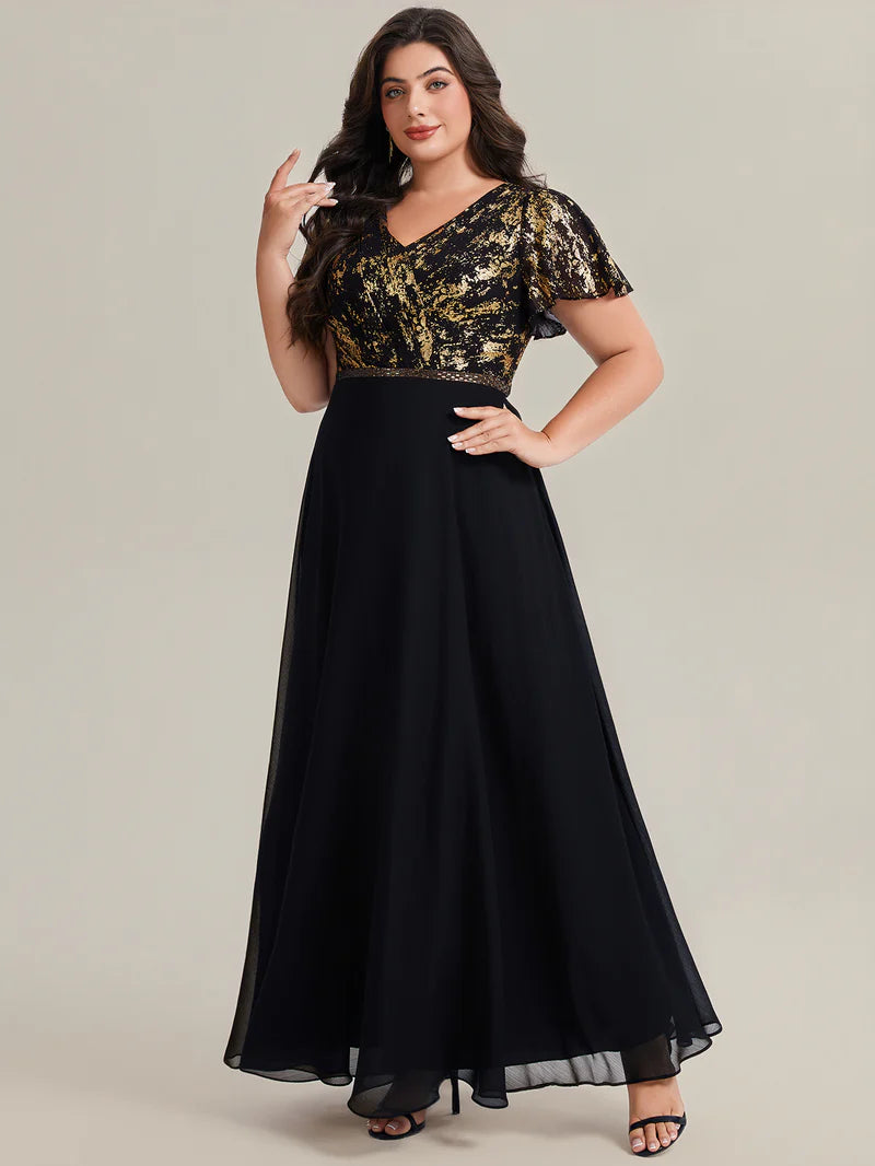 Plus Size Black & Gold V-Neck Sequin Evening Dress