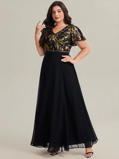 Plus Size Black & Gold V-Neck Sequin Evening Dress