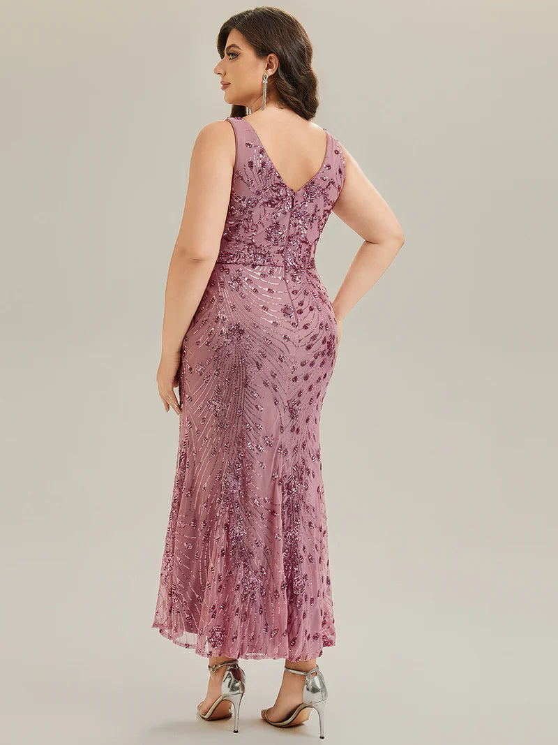 Purple Orchid Strapless deep V-neck fishtail maxi evening dress with high-stretch fabric for comfort