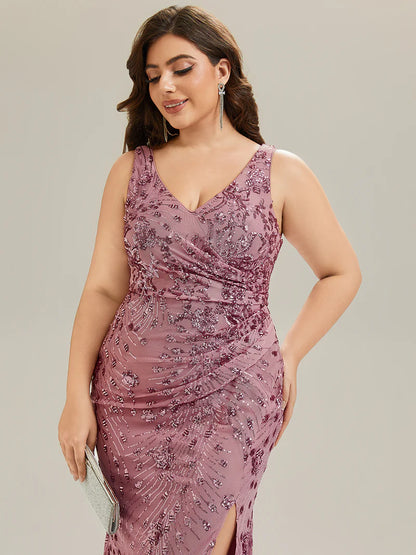 Purple Orchid Strapless deep V-neck fishtail maxi evening dress with high-stretch fabric for comfort