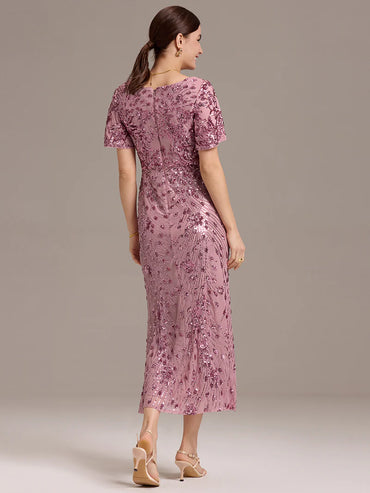 Purple orchid strapless sequin midi dress with deep V-neck and fishtail silhouette