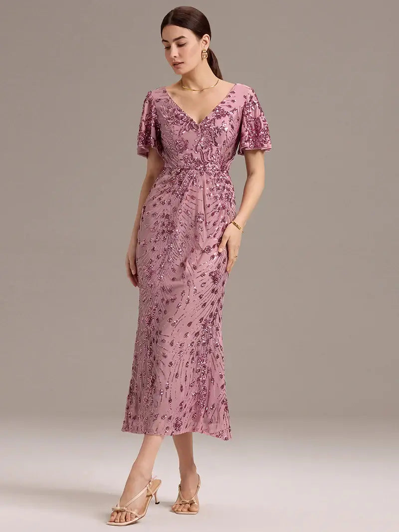 Purple orchid strapless sequin midi dress with deep V-neck and fishtail silhouette