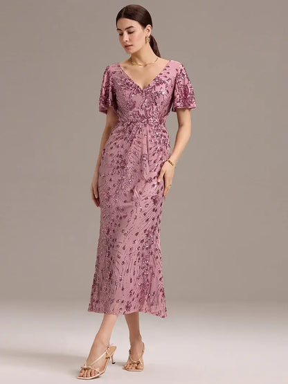 Purple orchid strapless sequin midi dress with deep V-neck and fishtail silhouette