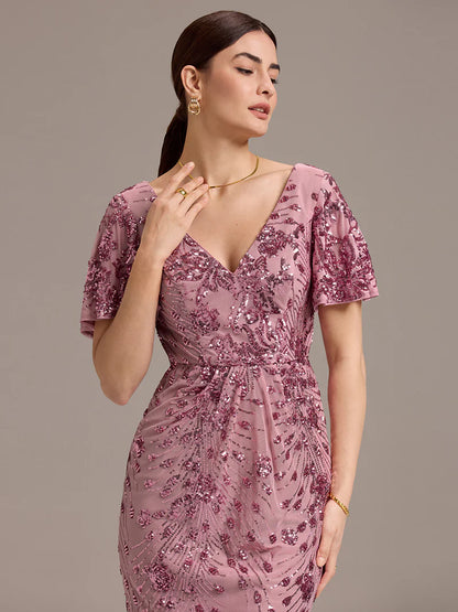 Purple orchid strapless sequin midi dress with deep V-neck and fishtail silhouette