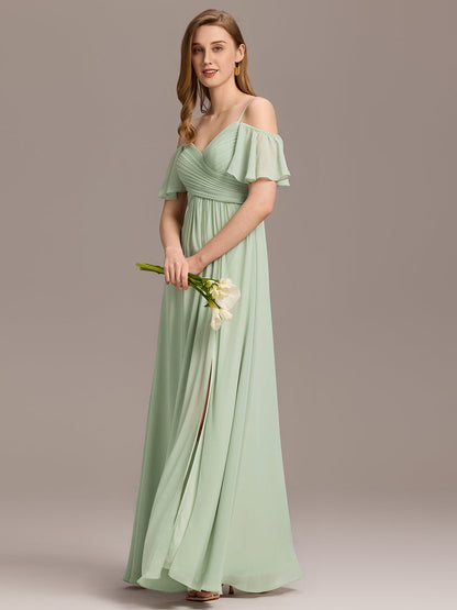 Off Shoulder Short Sleeve Pleated A-Line Bridesmaid Dress with Side Split – Floor Length