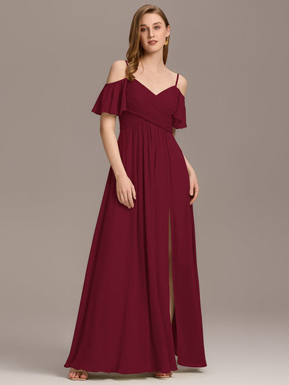 Off Shoulder Short Sleeve Pleated A-Line Bridesmaid Dress with Side Split – Floor Length