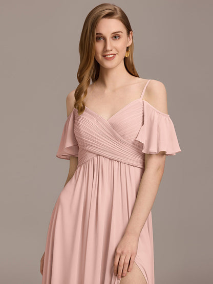 Off Shoulder Short Sleeve Pleated A-Line Bridesmaid Dress with Side Split – Floor Length