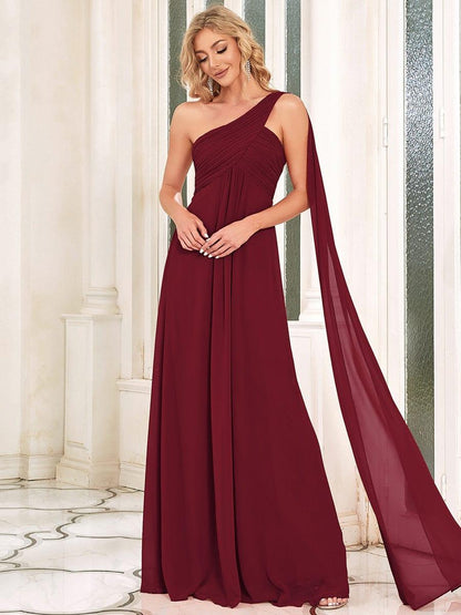 Chiffon One Shoulder Maxi Long Burgundy Evening Dress