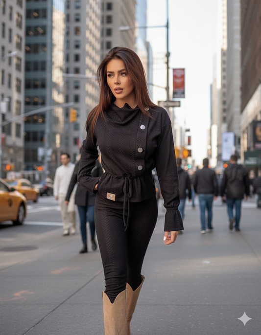 Black Knit Two-Piece Sweater Set – Sleek & Cozy Everyday Essential for Women