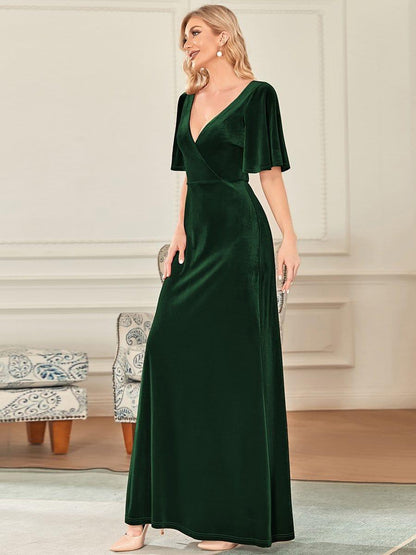 Sexy V Neck Maxi Long Velvet Evening Dark Green Dress