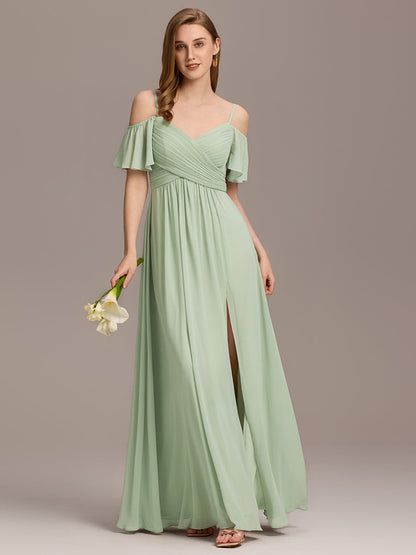Off Shoulder Short Sleeve Pleated A-Line Bridesmaid Dress with Side Split – Floor Length