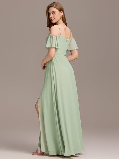 Off Shoulder Short Sleeve Pleated A-Line Bridesmaid Dress with Side Split – Floor Length