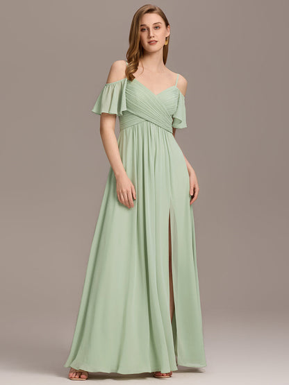 Off Shoulder Short Sleeve Pleated A-Line Bridesmaid Dress with Side Split – Floor Length