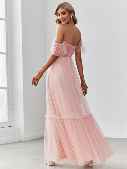 Off the Shoulder Sweetheart Pleated Tulle Dress In Pink