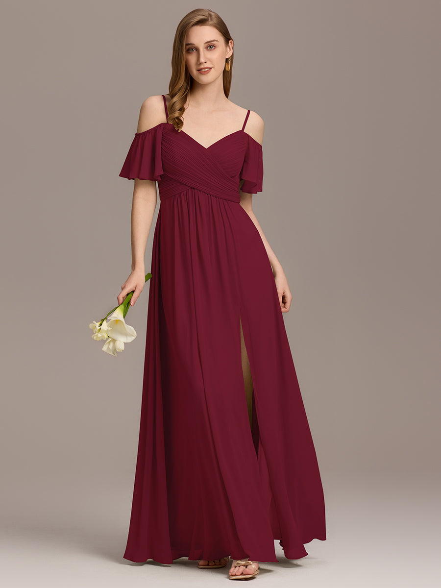 Off Shoulder Short Sleeve Pleated A-Line Bridesmaid Dress with Side Split – Floor Length