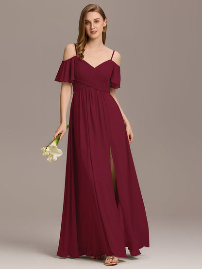 Off Shoulder Short Sleeve Pleated A-Line Bridesmaid Dress with Side Split – Floor Length