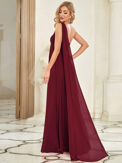 Chiffon One Shoulder Maxi Long Burgundy Evening Dress