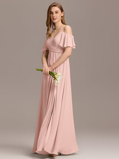 Off Shoulder Short Sleeve Pleated A-Line Bridesmaid Dress with Side Split – Floor Length