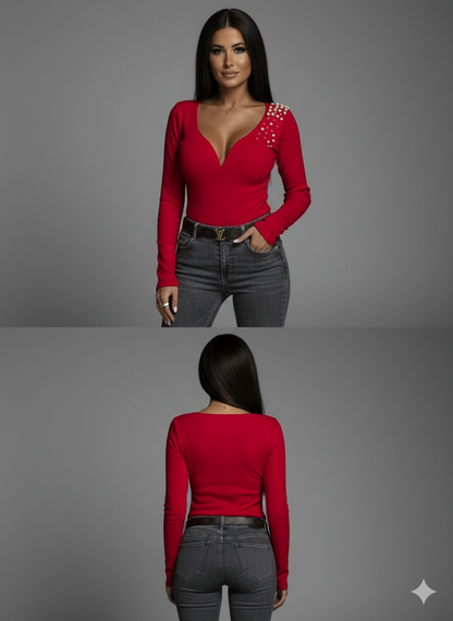 Sonia Ribbed Knit Red Blouse