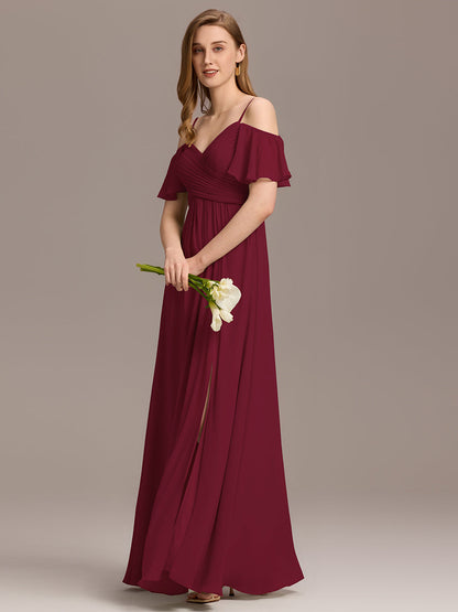 Off Shoulder Short Sleeve Pleated A-Line Bridesmaid Dress with Side Split – Floor Length