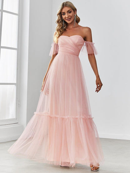 Off the Shoulder Sweetheart Pleated Tulle Dress In Pink